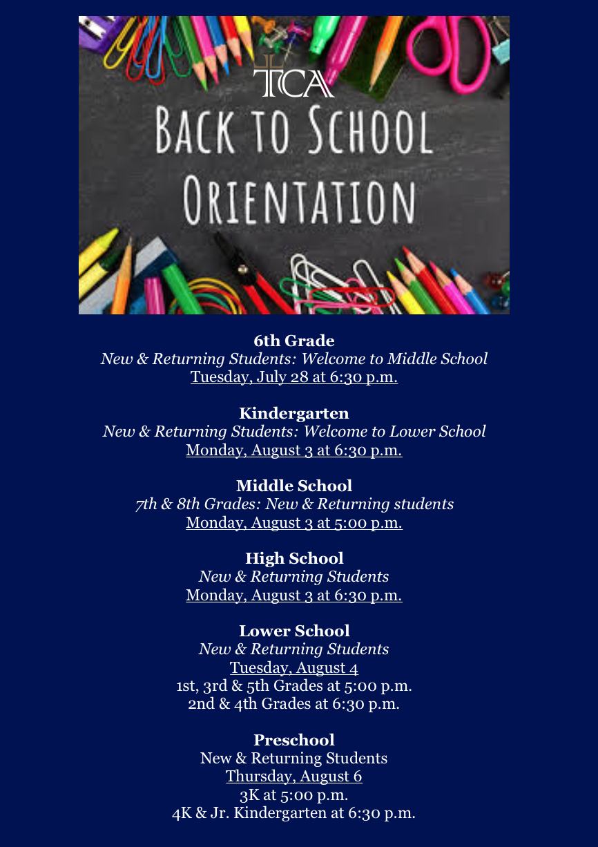 Back to School Orientations Tipton Christian Academy